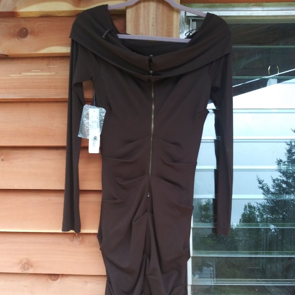 NWT - Nicole Miller Off the shoulder brown dress - Picture 3 of 16